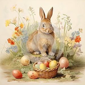 A Mountain Cottontail rabbit is beside a basket of Easter eggs