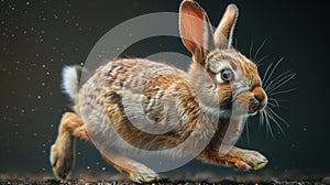 A Mountain Cottontail rabbit is leaping through the air