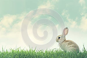 A Mountain Cottontail rabbit sits in the grass, gazing at the sky