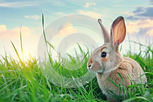 A Mountain Cottontail rabbit is sitting in the grass, gazing at the camera