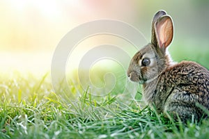 Mountain Cottontail sitting in grass, gazing at camera with whiskers