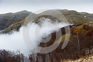 Mountain covered by clouds