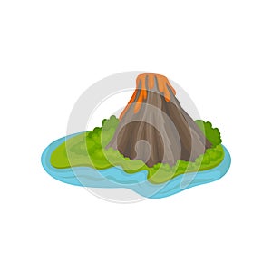 Mountain with crater and hot flowing lava. Large volcano surrounded with green plants and water. Flat vector icon