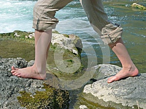 Mountain creek and girls feet, doing kneippism