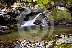 Mountain creek and small waterfall in long exposure