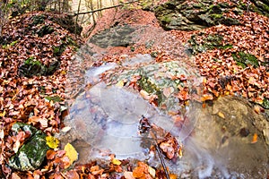 Mountain creek in Tajovska dolina gorge near Tajov village during autumn