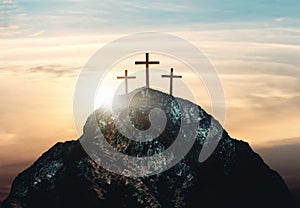 Crucifixion of Jesus Christ, three crosses on hill, 3d rendering photo