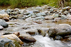 Mountain current river with rapids and rocky shores