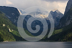 Mountain Dachstein and Gossausee lake, Austrian Alps