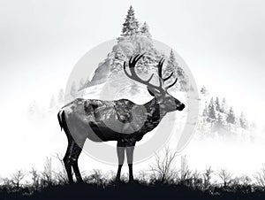 Mountain and deer in double exposure