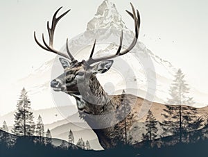 Mountain and deer in double exposure