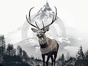 Mountain and deer in double exposure