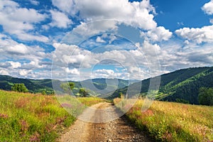 Mountain dirt road at sunny bright day in summer. Landscape