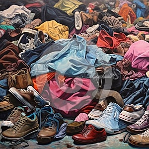 mountain of discarded clothes, textile waste, consumption problems and \