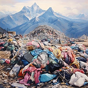 mountain of discarded clothes, textile waste, consumption problems and \