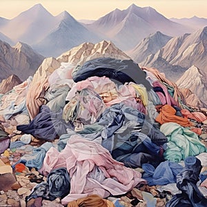 mountain of discarded clothes, textile waste, consumption problems and \