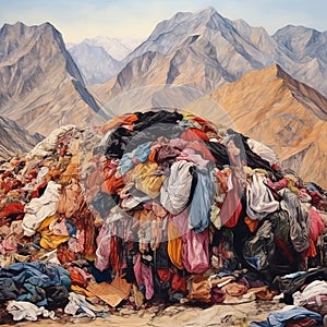 mountain of discarded clothes, textile waste, consumption problems and \