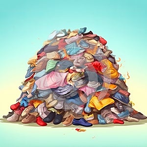 mountain of discarded clothes, textile waste, consumption problems and \