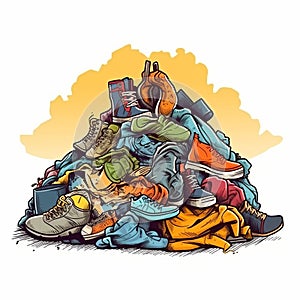 mountain of discarded clothes, textile waste, consumption problems and \