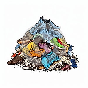 mountain of discarded clothes, textile waste, consumption problems and \