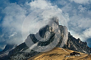 Mountain dramatic landscape. Passo Giau, Dolomites Italy. Desaturated photo