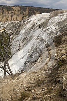 Mountain of dry, white travertine rock at Mammoth Hot Springs.