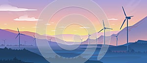 Mountain ecology landscape. Sustainable wind energy turbines silhouette with pine forest and mountains. Vector realistic