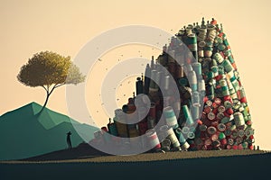mountain of empty cans and bottles, cluttering up the landscape AI generation