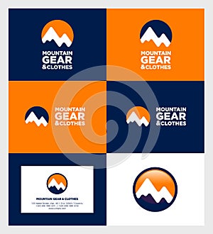 Mountain equipment and clothing logo. Ice peaks and sunrise. Mountain emblem. Identity and business card.