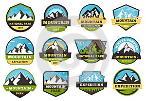 Mountain expedition emblems. Outdoors travel labels, mountains hiking sticker emblem and summer camping badges vector