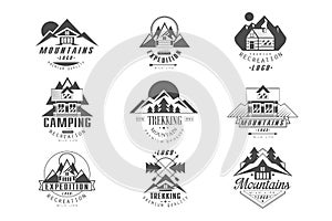 Mountain, expedition logo set, camping, trekking retro badges in monochrome style vector Illustrations on a white