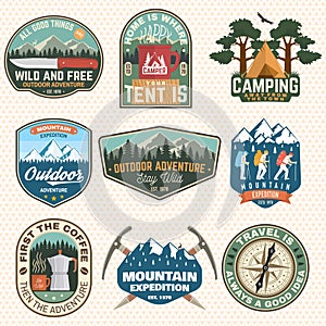 Mountain expedition and outdoor adventure badges. Vector. Concept for badge, patch, shirt, print, stamp or tee. Design