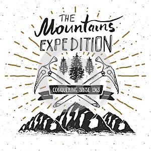 Mountain expedition vintage label retro badge. Hand drawn textured emblem outdoor hiking adventure and mountains exploring, Extrem