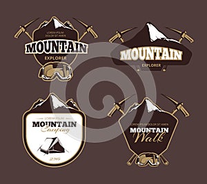 Mountain exploration retro vector emblems, labels, badges, logos set