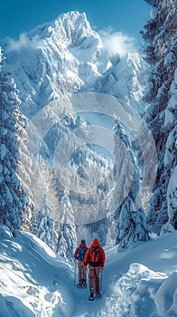 Mountain exploration Snowshoers trekking through a picturesque winter wilderness