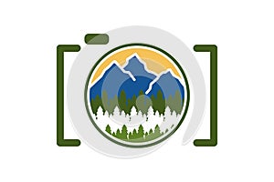 Mountain, fir, lens camera, Outdoor photography logo Designs Inspiration Isolated on White Background.