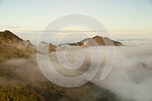 Mountain fog sky clouds landscape in the morning