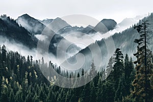 Mountain foggy view. Generate Ai