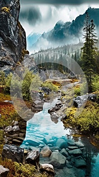 Mountain and Fogy Rain Forest Lake of Landscape Background AI Generative