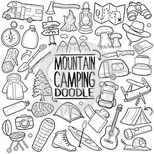 Mountain and Forest Camping Traditional doodle icon hand draw set