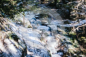 In a mountain forest frozen creek with snow above