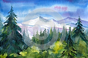 Mountain and forest landscape, watercolor hand drawing