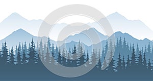 Mountain forest - vector landscape illustration with silhouette or rocks and trees.