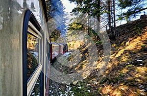Mountain forest through which a steam locomotive drives. Dynamics through motion blur