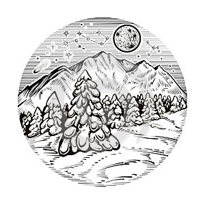 Mountain with forest in the winter night. Vector illustration of round landscape.