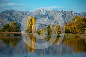 mountain with forets with lake under sky.