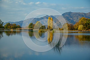 mountain with forets with lake under sky.