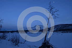 Mountain and frozen river landscape lit by moon