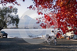 Mountain Fuji in Autumn at Kawaguchiko lake with bicycles