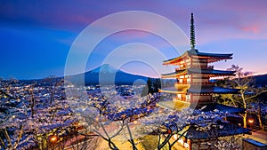 Mountain Fuji and Chureito red pagoda with cherry blossom sakura